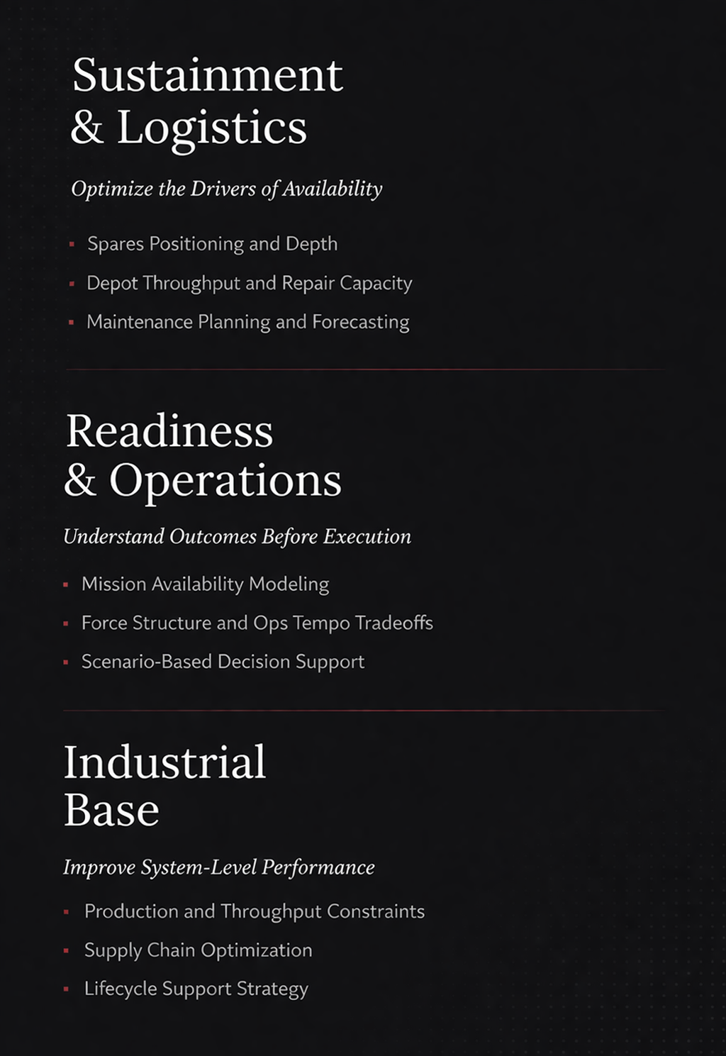 Lifecycle Management Optimization Sustainment, Readiness &amp; Industrial Performance