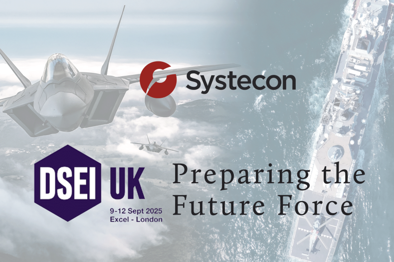 F35 and Military ship images with Systecon and DSEI London logo