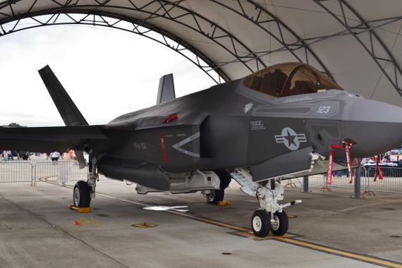 A U.S. Air Force F-35 Joint Strike Fighter (Lightning II) jet in a hangar