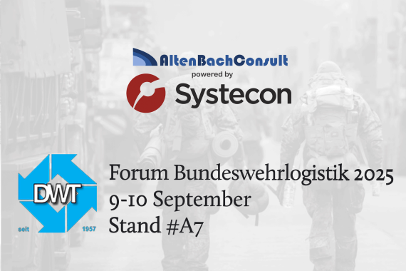Event logo and Systecon & AltenBachConsult logos on a miltary image