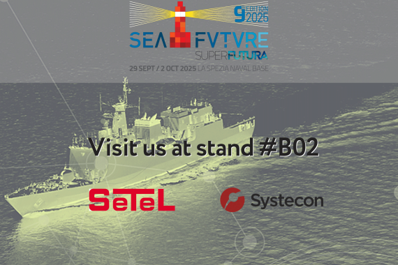 Seafuture logo together with Setel and Systecon logos on a photo with a Military ship at sea