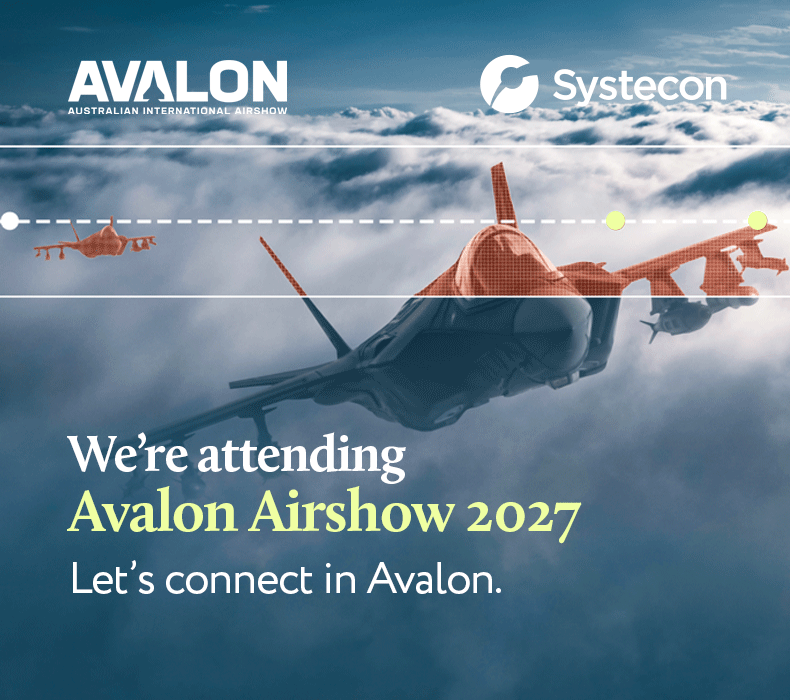 Military Aircraft over the clouds, Avalon Airshow and Systecon logos