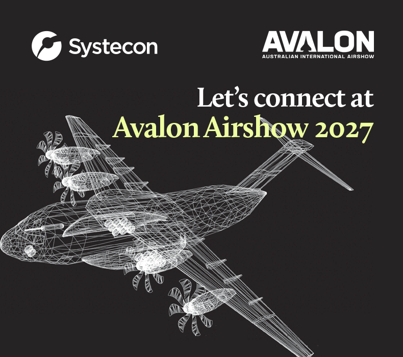 Wirefram of a military transport plane, A400M type and logos of Avalon show and Systecon