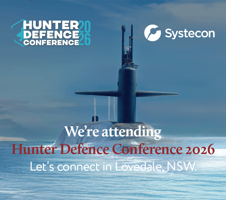 Photo of Submarine, and logos for Systecon and Hunter Defence Conference 2026
