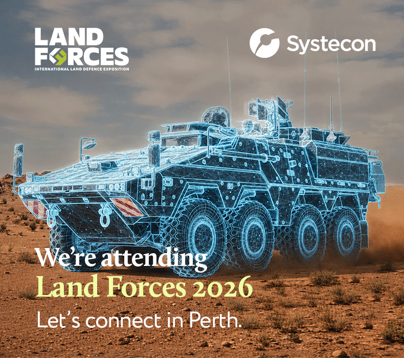 Image with wireframe of military vehicle placed in the desert, Logos of Land Forces event and Systecon