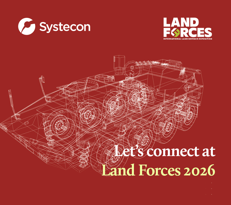 Image of wireframe of boxer military vehicle, Systecon and Land forces logos and inviting to connect at the show. 