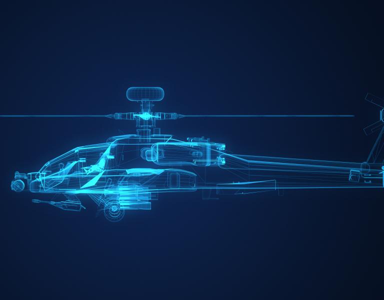 3d Wire Frame sketch of Apache Helicopter in xray texture