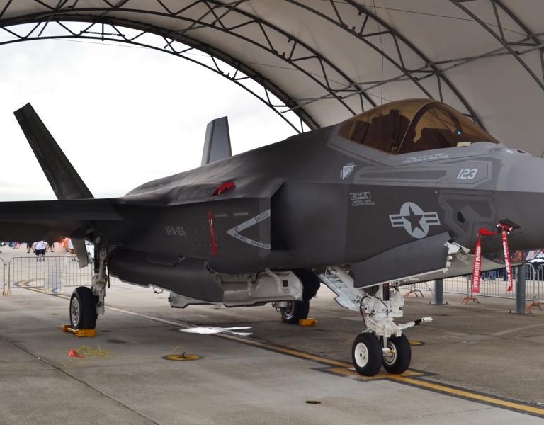 A U.S. Air Force F-35 Joint Strike Fighter (Lightning II) jet in a hangar