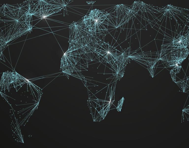 Global networking and international communication. World map as a symbol of the global network.